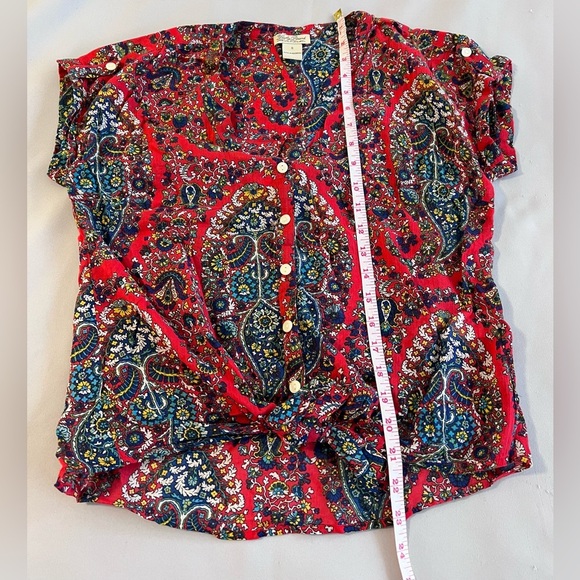 Lucky brand women's shirt top red pattern knit size S short sleeve tie bottom - Picture 5 of 9